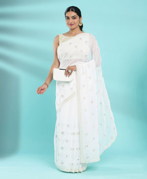 Kalyan Silks Georgette Ethnic Wear Off White Saree