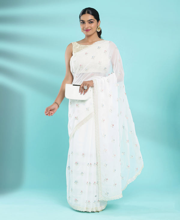 Kalyan Silks Georgette Ethnic Wear Off White Saree