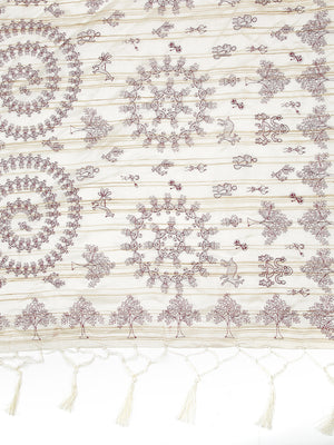 Off White Color Jute Cotton Saree With Maroon Warli Design Over body