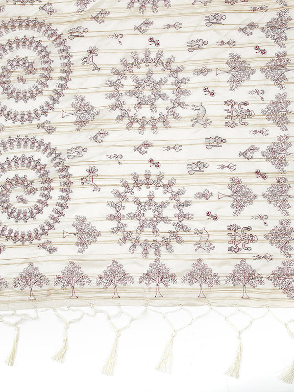 Off White Color Jute Cotton Saree With Maroon Warli Design Over body