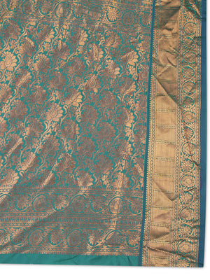 Yellow And Green Double Shaded Art Silk Saree With Copper Buttas Over Body