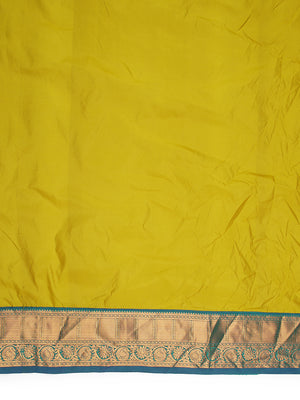 Yellow And Green Double Shaded Art Silk Saree With Copper Buttas Over Body