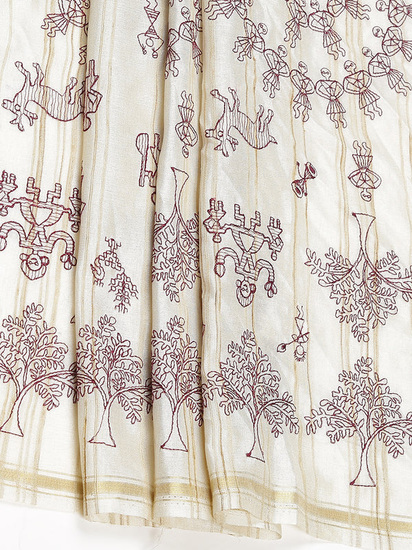 Off White Color Jute Cotton Saree With Maroon Warli Design Over body