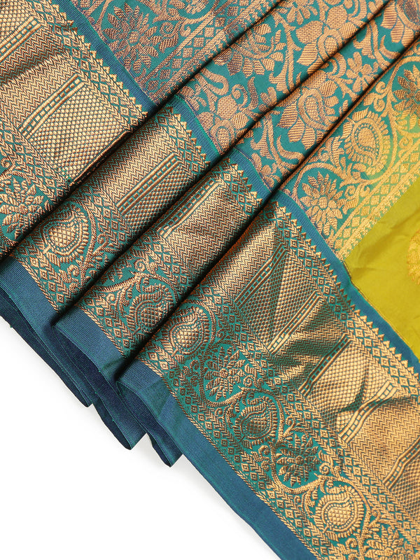 Yellow And Green Double Shaded Art Silk Saree With Copper Buttas Over Body