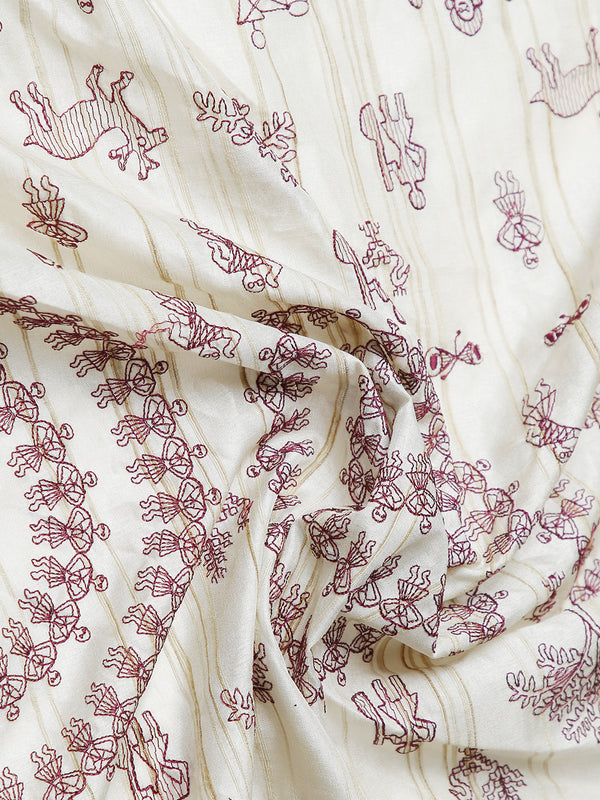 Off White Color Jute Cotton Saree With Maroon Warli Design Over body