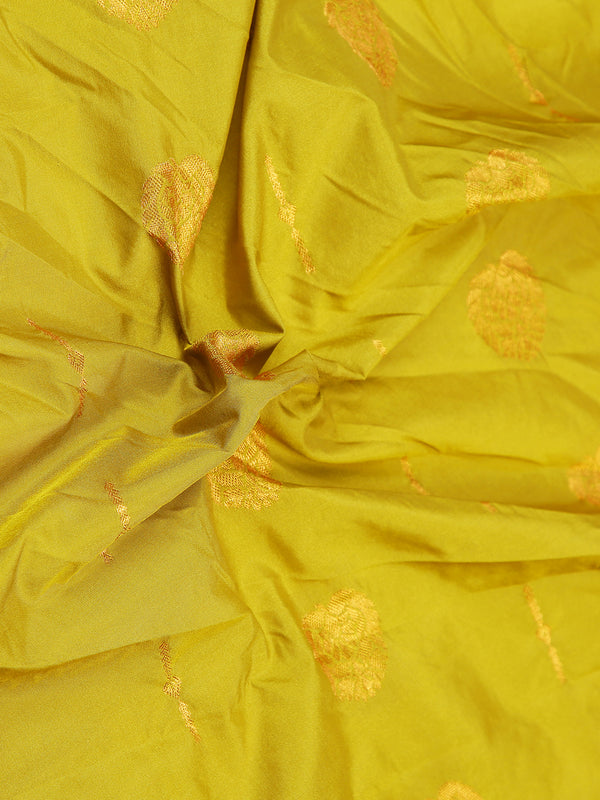 Yellow And Green Double Shaded Art Silk Saree With Copper Buttas Over Body