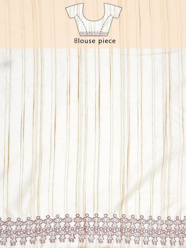 Off White Color Jute Cotton Saree With Maroon Warli Design Over body