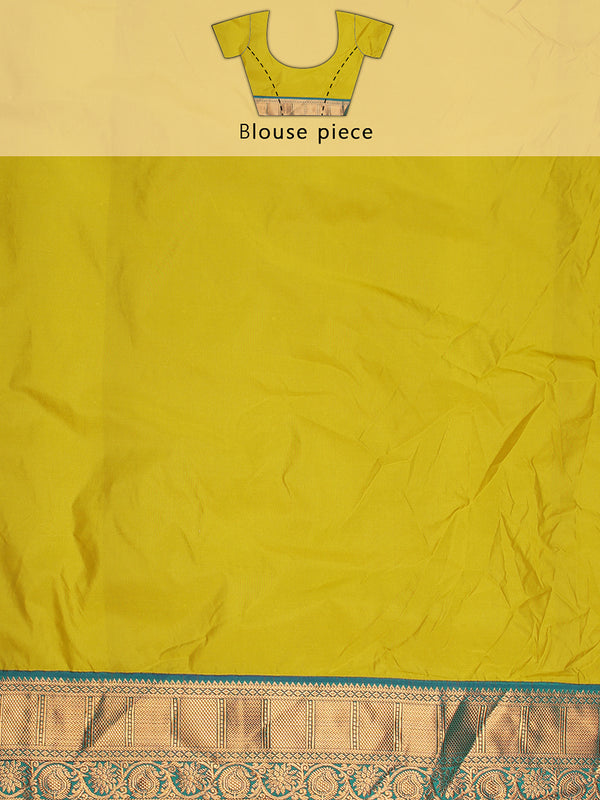 Yellow And Green Double Shaded Art Silk Saree With Copper Buttas Over Body