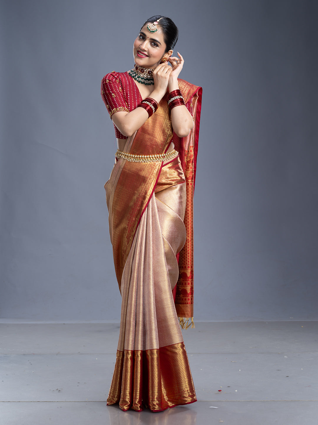Golden Maroon Red Contrast Kancheepuram Silk Saree