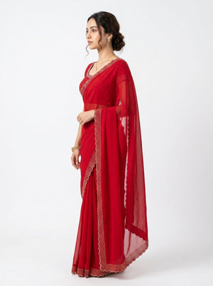 Chiffon Classic Red Minimal Small Stone  Border Designer Saree