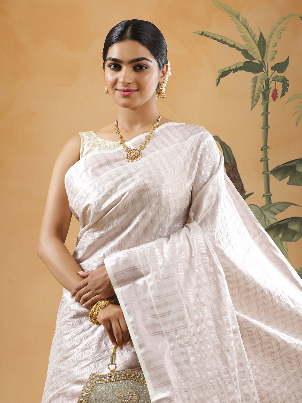 Rose Gold Tissue Set Saree With Multi Lined Check Design And Rose Gold Striped Kasavu Border