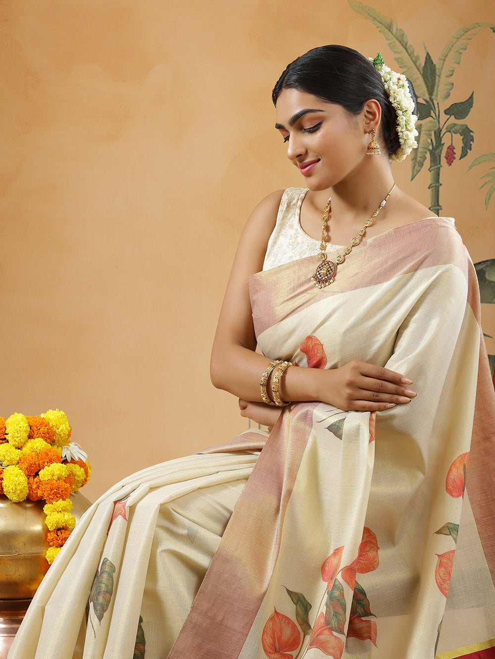 Golden Tissue Maroon Border Set Saree With Anthurium Floral Print All Over Body