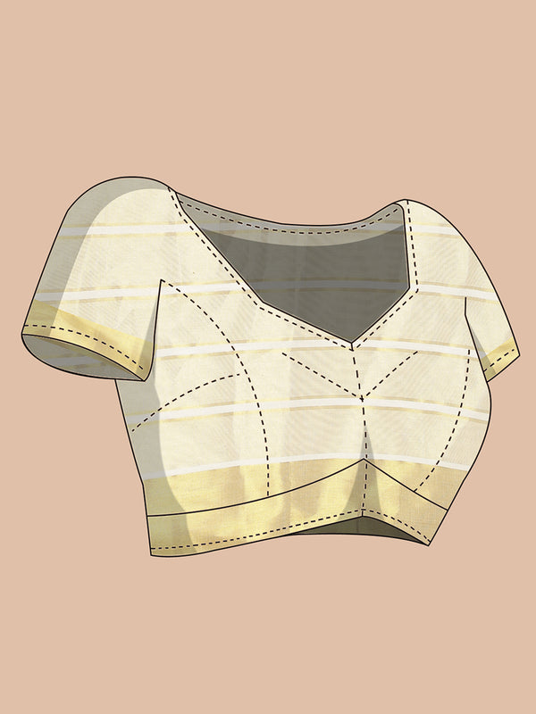 Golden Tissue Set Saree With Golden Bordered Off White Vertical Stripes On Body