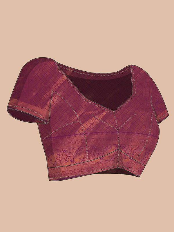 Parrot Green Art Silk Saree With Copper Thread Work Over Body And Purple Border