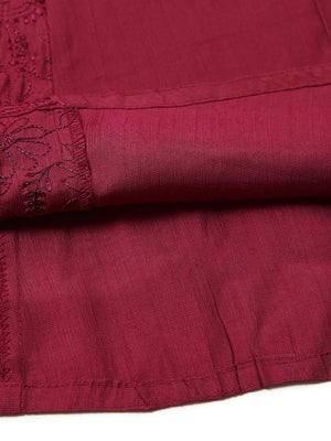 Wine Pink Color Patch Worked Embroidery Designed Cotton Blended Kurti Top