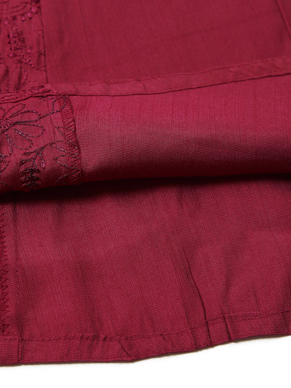 Wine Pink Color Patch Worked Embroidery Designed Cotton Blended Kurti Top