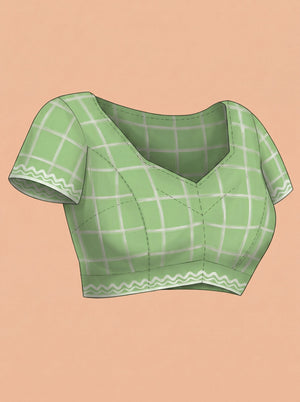 Chanderi Cotton Parrot Green Check Pattern Printed Saree