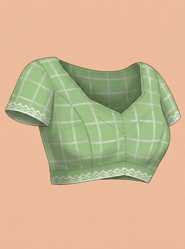 Chanderi Cotton Parrot Green Check Pattern Printed Saree