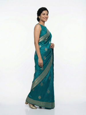 Art Silk Peacock Blue Zari Woven Saree with Diamond Butta