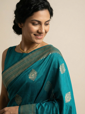 Art Silk Peacock Blue Zari Woven Saree with Diamond Butta