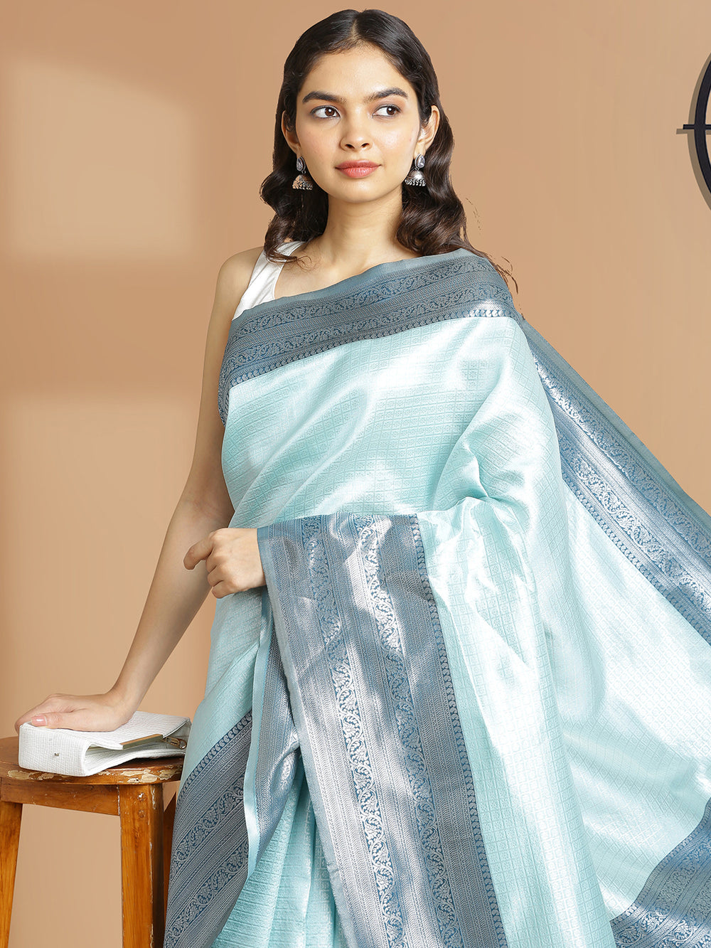 Light Aqua Green Color Silver Check Designed Art Silk Saree With Peacovk Blue Border