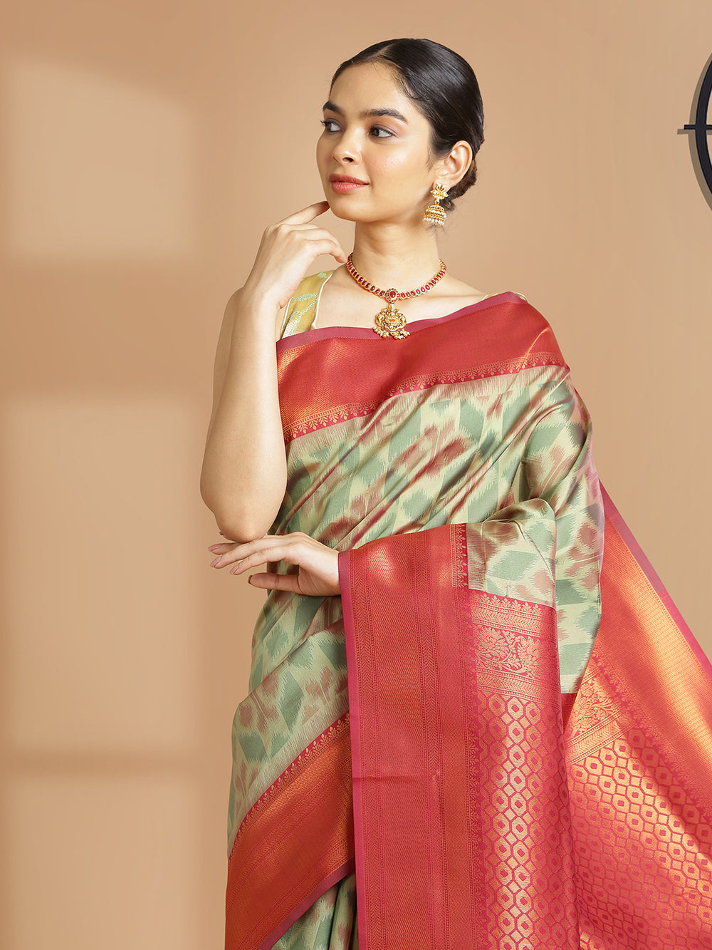 Pista Green Pochampalli Designed Art Silk Saree With Maroon Border