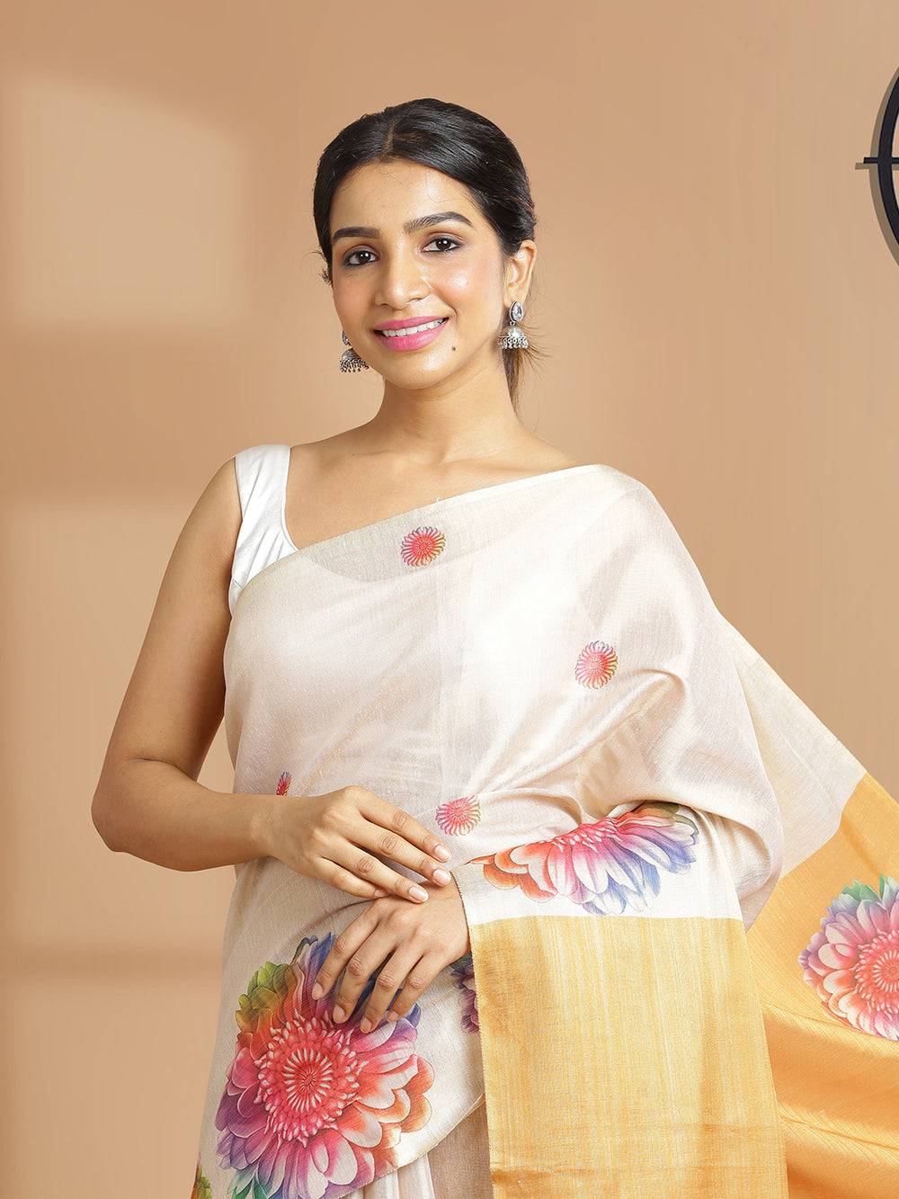 Golden Color Tissue Saree And Orange Color Pallu With Multi Floral Print Design