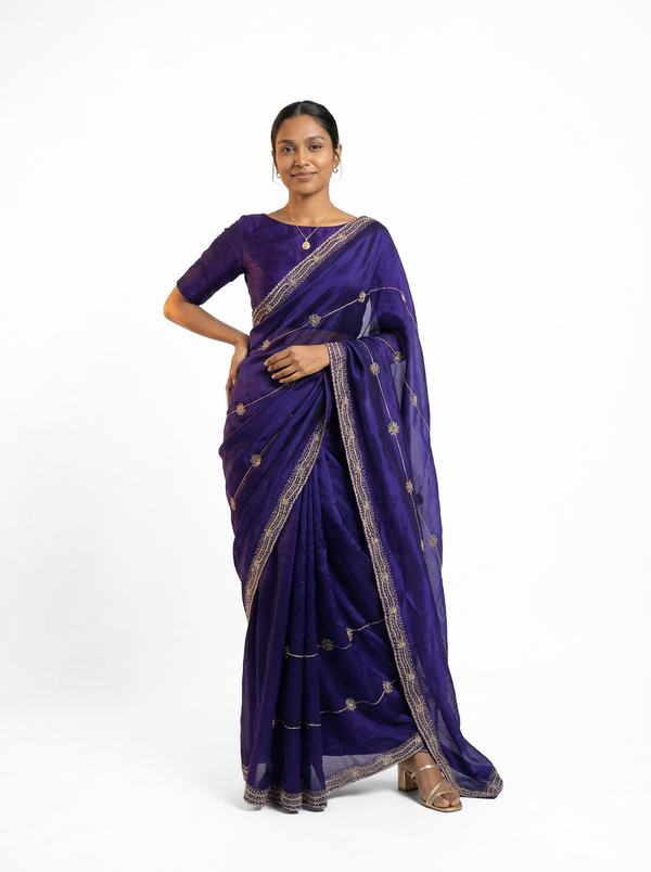Organza Royal Blue Stone Work  Designer Saree