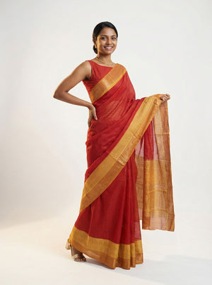 Chanderi Cotton Red Checked Saree With Zari Border