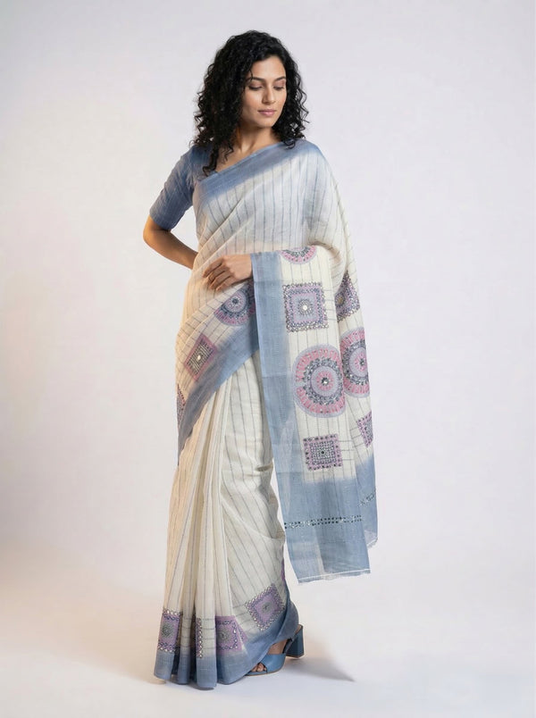 Cotton Off White Stripe Printed Saree with Blue Border Design