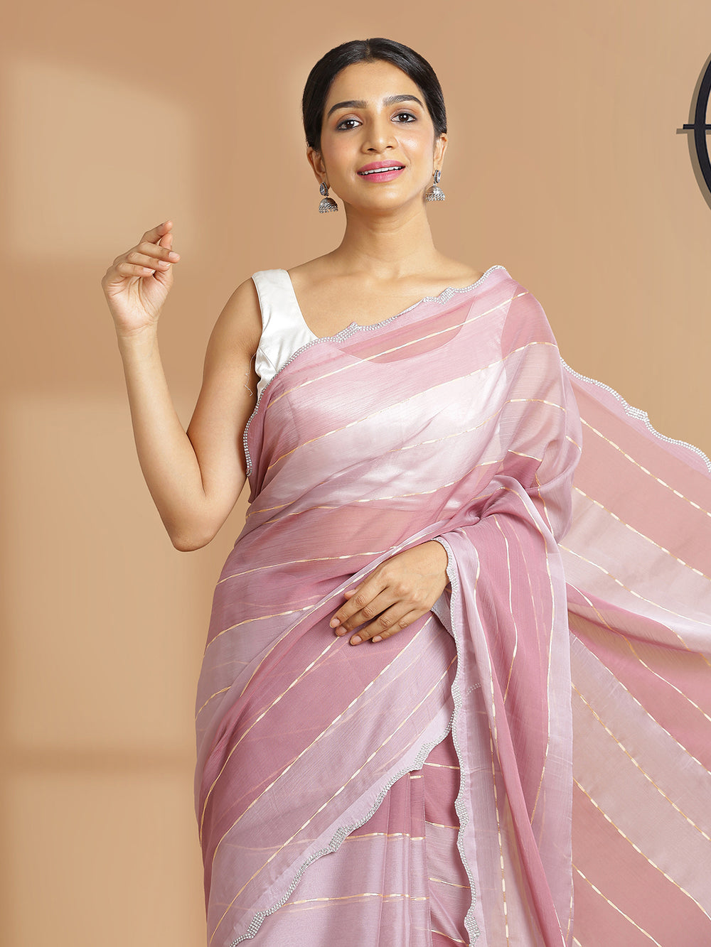 Dark & Light Onion Pink Georgette Saree With Horizontal Stripe Design Over Body