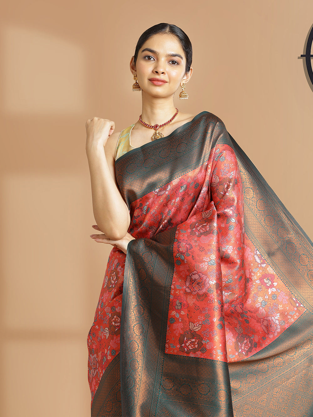 Dark Peach With Copper Tissue Saree With Floral Design And Bottle Green Border