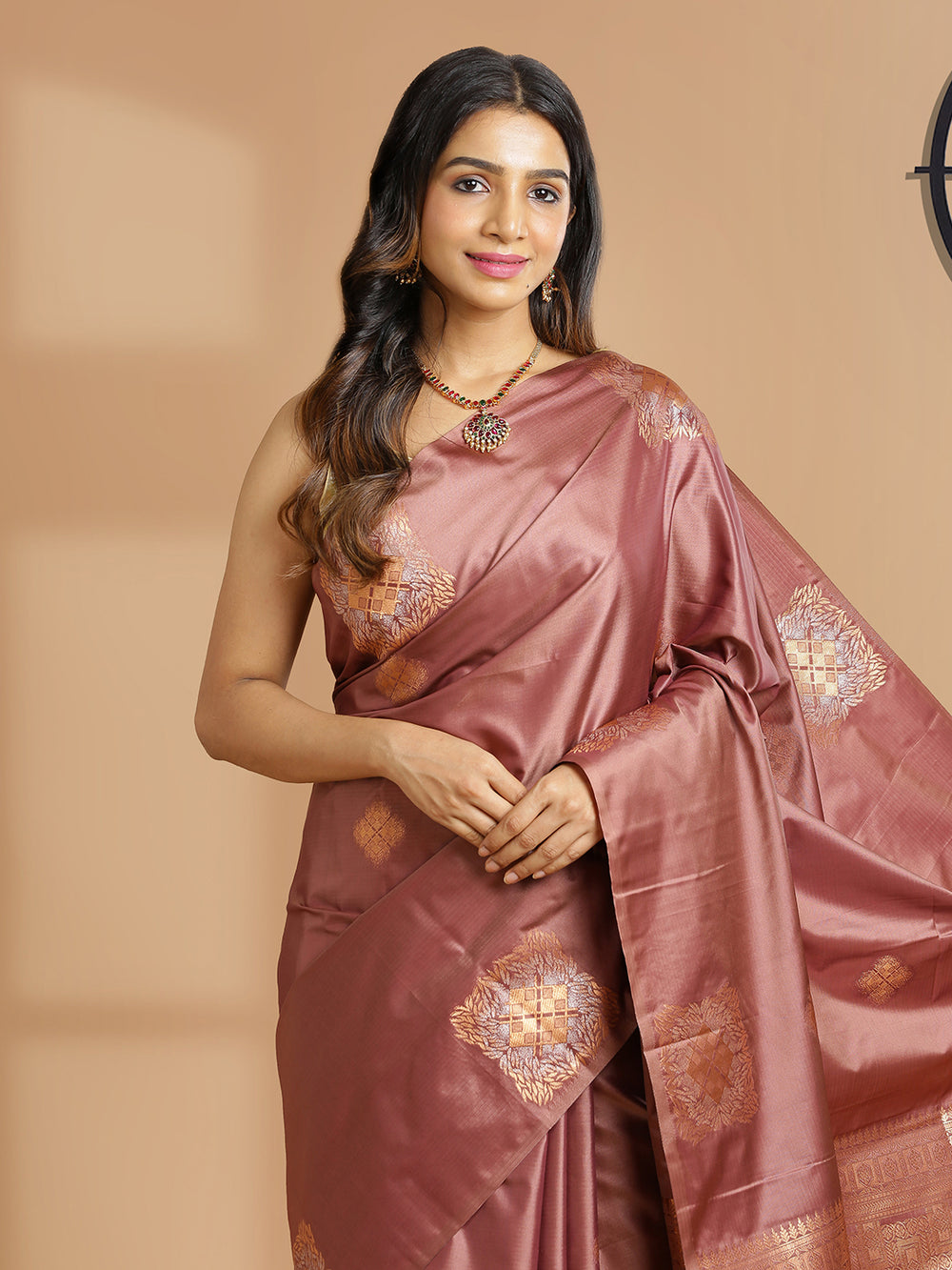 Chocolate Brown Art Silk Saree With Copper Color Buttas Over Body