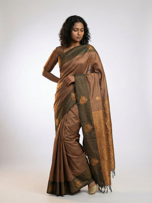 Art Silk Brown Butta Design Saree with Contrast Olive Border
