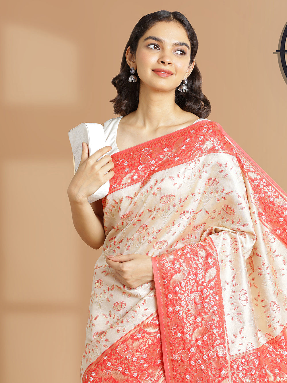 Off White With Golden Tissue Saree With Floral Design And Peach Red Border