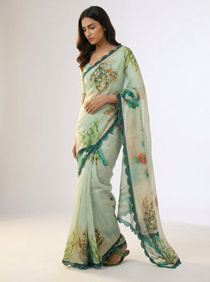 Cotton Mint Green Saree with Abstract Leaf and Ocean Inspired Design