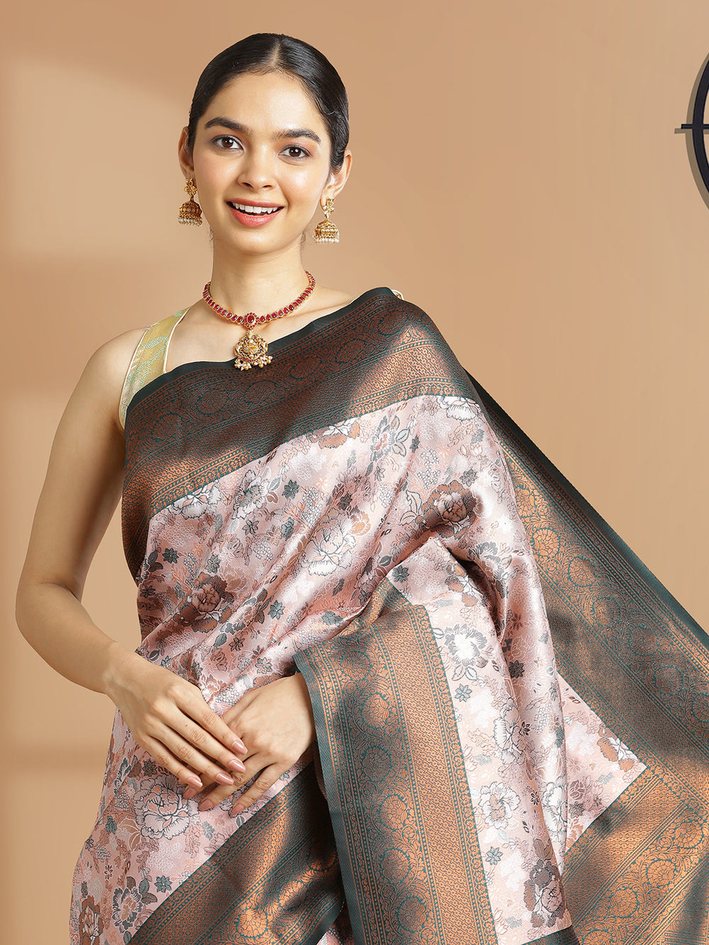 Light Peach With Copper Tissue Saree With Floral Design And Bottle Green Border