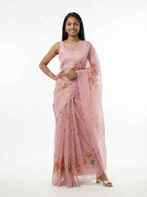Organza Pink Floral Embroidered Saree
