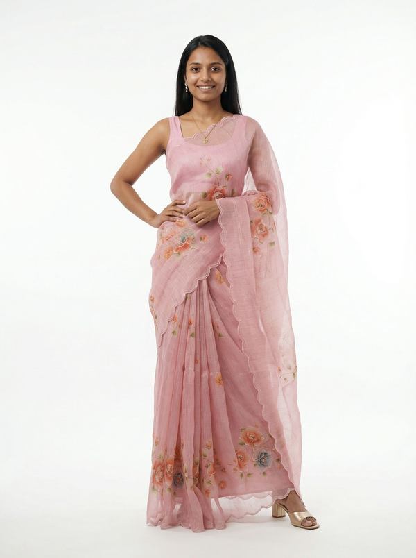 Organza Pink Floral Embroidered Saree