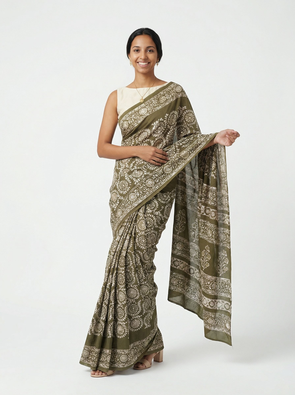 Chanderi Cotton Olive Green Floral Printed Saree