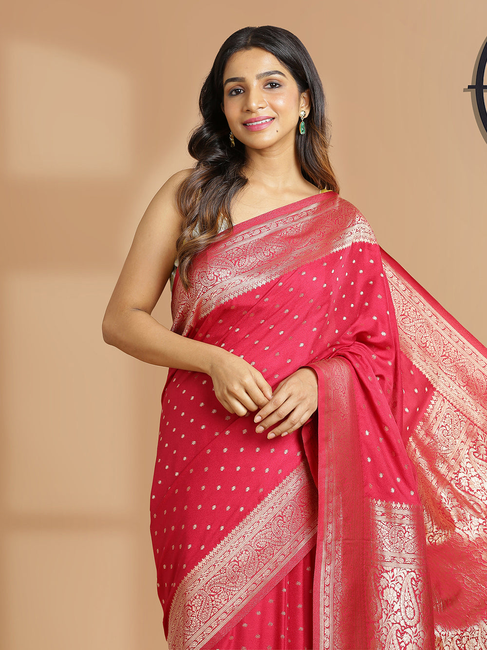 Maroon Georgette Banarasi Saree With Golden Polka Dots Over Body