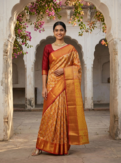 Kanjivaram Mustard Yellow and Maroon Broacade Saree with Geometric Diamond Jaal and Zari Border