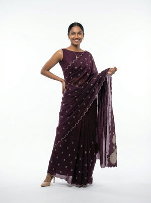 Organza Dark Purple Floral Butti Designer Saree with Scalloped  Border