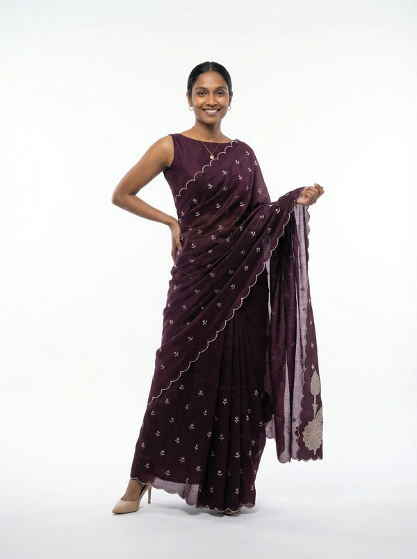 Organza Dark Purple Floral Butti Designer Saree with Scalloped  Border