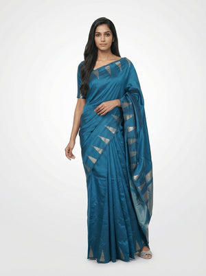 Semi Silk Ethnic Peacock Blue Saree with Traditional Tissue Work