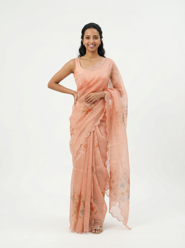 Organza Soft Peach Embroidered Saree