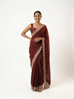 Shimmer Organza Brick Brown Plain Designer Saree with Micro Dot Work and Heavy Embroidered Border