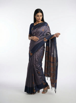 Art Silk Blue Butta Printed Saree with Contrast Border