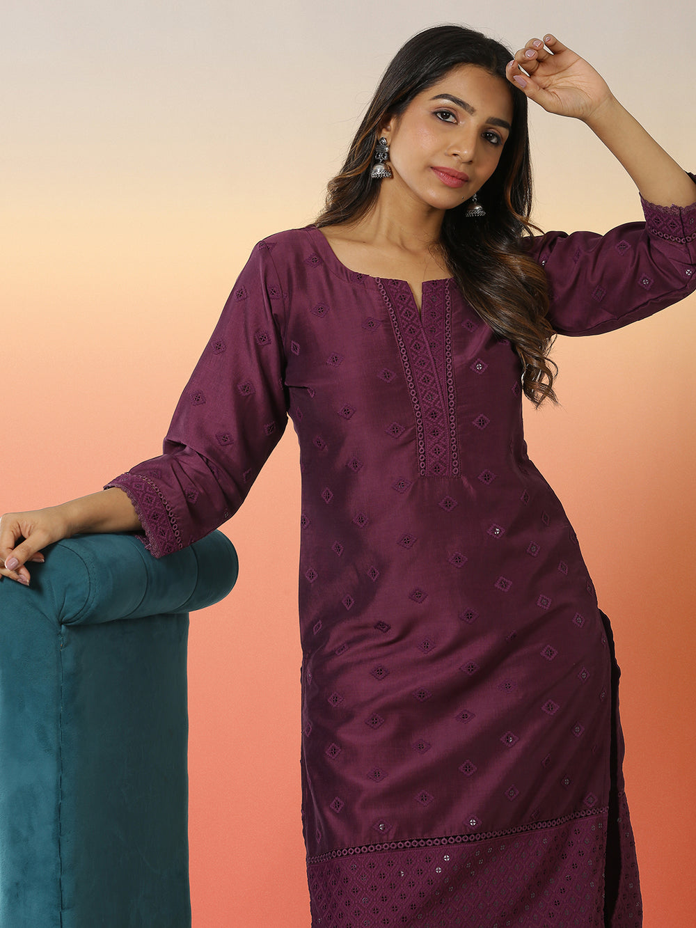 Purple Color Thread And Sequence Worked Kurti Top