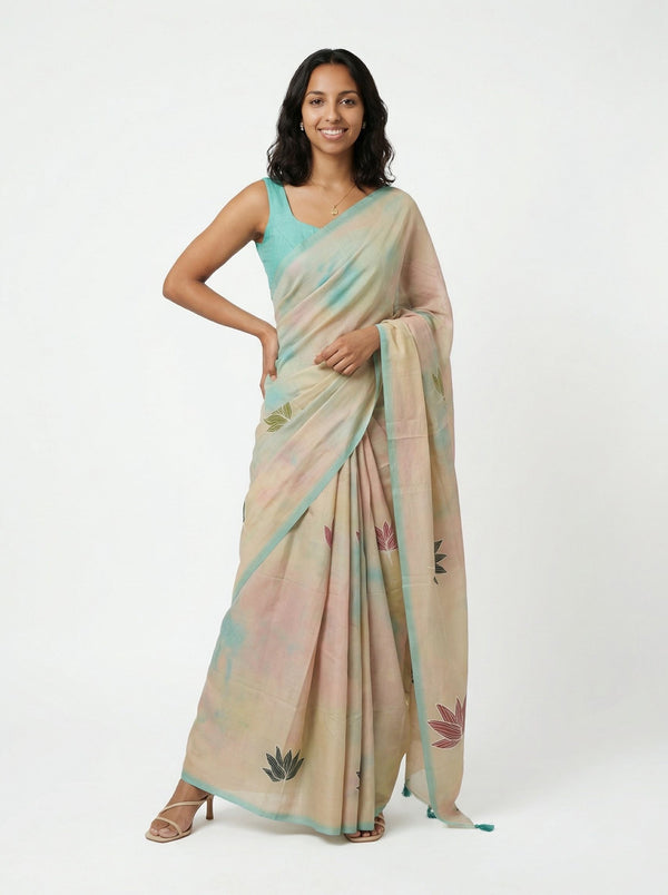 Chanderi Cotton Beige Lotus Printed Floral Saree